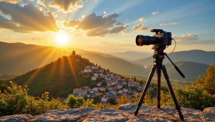 Camera on Tripod Capturing Mountain Village at Sunset