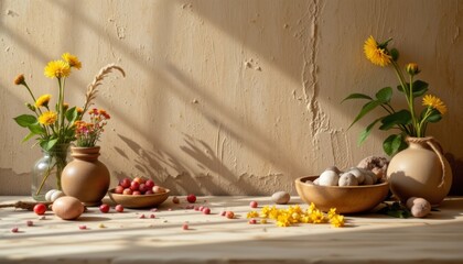 Rustic Still Life with Flowers and Fruit