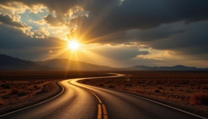 Scenic Road Through Desert Landscape at Sunset