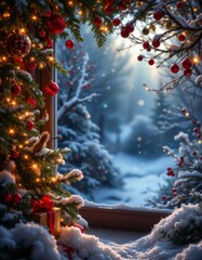 Christmas Window View with Snow