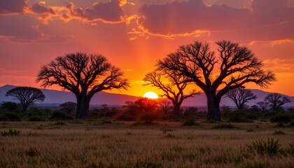 African Sunset with Baobab Trees