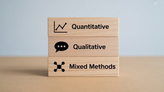 Wooden blocks stacked showing quantitative qualitative and mixed methods research approaches stacked vertically symbolizing data analysis strategy development