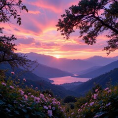 Mountain Lake at Sunset with Flowers