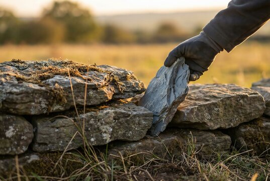 Dry Stone Waller Fitting A Specific Rock Into A Gap In A Field