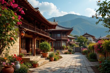 Traditional Asian Architecture with Mountain Backdrop