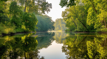 Fototapeta premium mirror. A tranquil forest scene mirrored in a still lake under golden sunlight filtering through trees. travel magazines, destination branding, designed for outdoor magazines and nature guides.