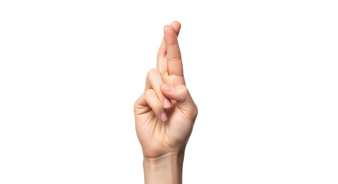 Hand with fingers crossed, middle finger over index, wishing for luck, isolated on white background, conceptual photography