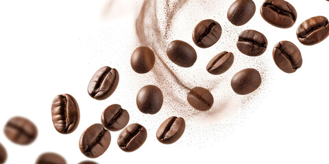 Obraz premium Floating Coffee Beans Close Up Isolated on Transparent Background