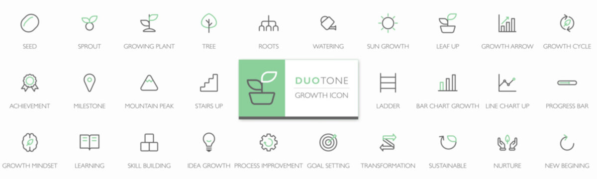 Modern growth icon set in duotone minimalist line style. Editable stroke vector icons for business, wellness, self development, progress, sustainability and startup concepts. Flat and scalable design