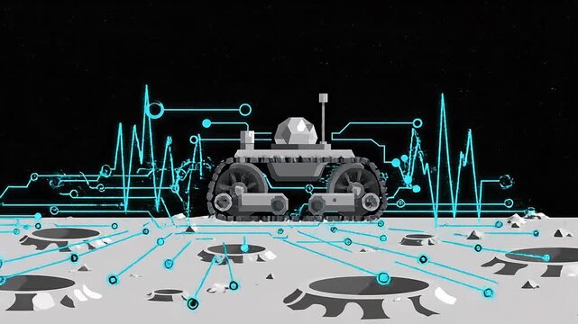 A futuristic lunar rover explores a cratered alien surface, connected by glowing blue data lines and communication signals representing advanced technology and scientific research.