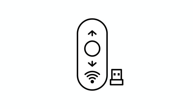 Black and white line icon of a wireless presentation remote control and USB dongle for seamless