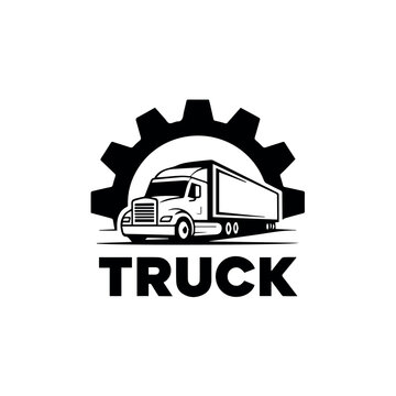 A robust black and white logo design featuring a semi-trailer truck in profile, set against a prominent cogwheel or gear symbol, and the bold text "TRUCK" below.