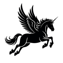 Fototapeta premium A mythical and majestic black silhouette of a unicorn with powerful wings, depicted mid-leap against a pristine white background.