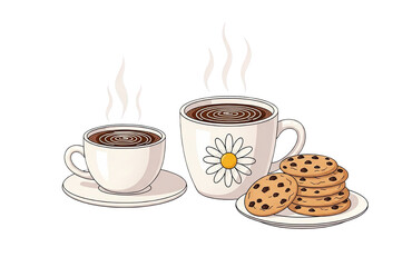 Two steaming cups of coffee with a stack of chocolate chip cookies on a plate