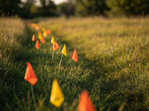 Underground utility pipe marking flags in tall grass at golden hour