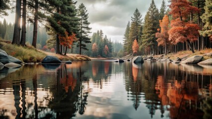 Fototapeta premium Moody forest ambiance with a serene river reflection on a grey day