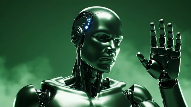 Metallic android with glowing blue accents and hand covering mouth in contemplation