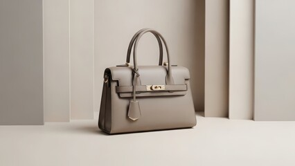 Fototapeta premium Elegant light grey leather handbag with top handle and gold clasp on a neutral background.