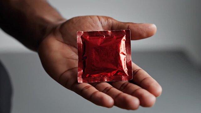 Close up hand presents red gift condom for celebration video.