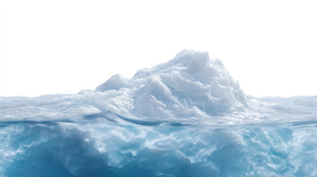 Melting glacier reveals translucent underwater iceberg and fractured ice cold arctic water, dramatic light and serene blue tones evoke fragile