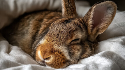 Sleeping brown rabbit cuddled on white blanket with cozy soft fur and peaceful expression