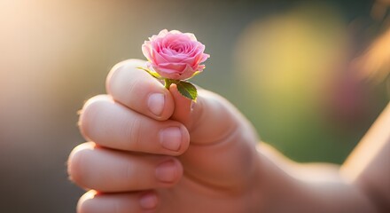 Hand holding delicate pink rosebud, soft focus background