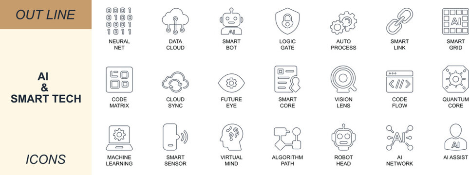 AI and smart tech line icon set with neural, data, cloud, algorithm, robot, chip, and circuit symbols. Perfect for apps, software, digital projects, and future tech branding.