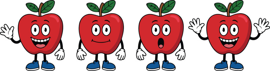 Funny Apple Cartoon Character Set with Different Emotions  Cute Fruit Mascots Vector