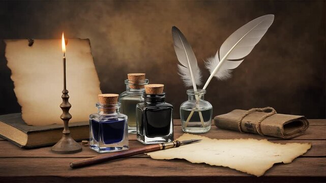Timeless Desk Scene With Ink Quill And Parchment.