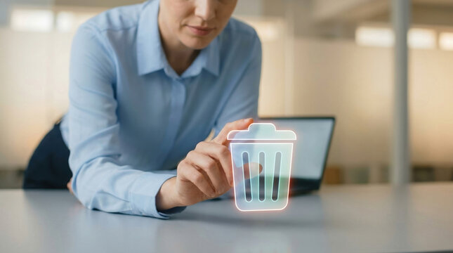 delete data trash digital business privacy technology professional woman interacting with virtual bin icon for file management and information security in modern office setting