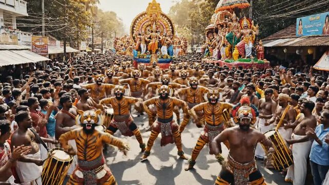 Vibrant Tiger Dance Parade Amid Festival Drums.