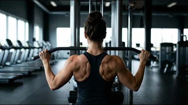 Female athlete performing lat pulldown in gym woman with muscular back, strength and muscle focus, gym equipment, focused workout atmosphere