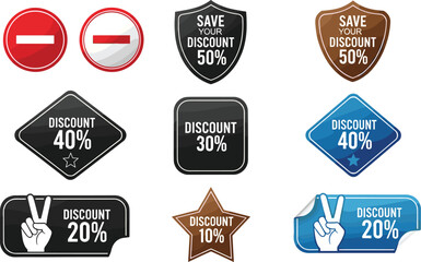 Obraz premium Modern discount badge collection, sale label set with percentage offers, promotional price tags and icons, shopping marketing stickers, vector illustration