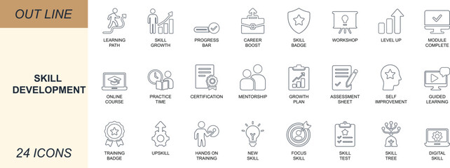 Skill development line icon set. Featuring training, growth, learning, upskill, course, badge, and practice tools. Ideal for UI, LMS, coaching apps, and career platforms. © Md