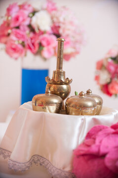 Traditional Malay Brass Wedding Tepak Sireh Set. A golden brass traditional Malay ceremonial set, known as Tepak Sireh, used in weddings and formal cultural ceremonies.
