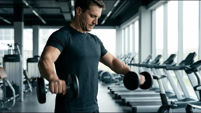 Man performing dumbbell lateral raise in gym with focused expression natural light muscular workout fitness strength training
