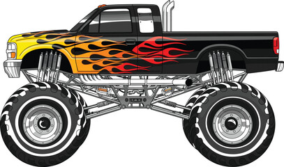 Powerful Monster Truck Vector Illustration with Racing Flames Design Isolated on White Background for Automotive Graphic Design and Off Road Enthusiasts © MdAbdul