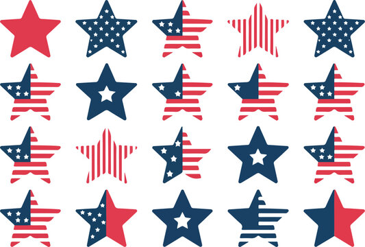 American patriotic star patterns illustration set featuring red blue stars with USA flag textures for independence celebration, decorative design, and