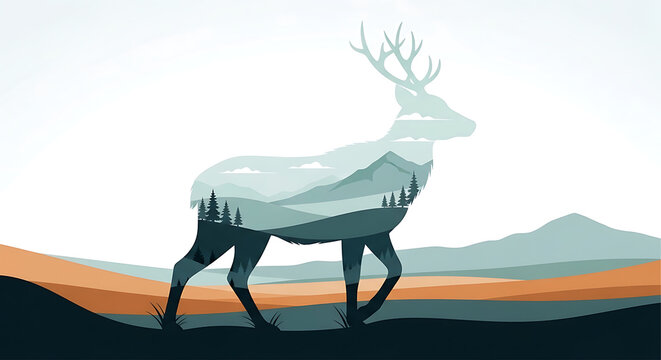 Surreal illustration of a majestic deer silhouette filled with a misty mountain landscape, embodying the spirit of wilderness and nature's beauty