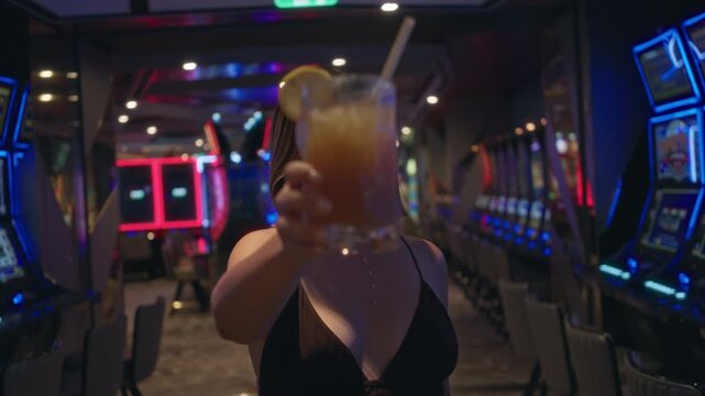 Woman holds cocktail glass with lemon slice to camera in casino building smiling and offering drink; nightlife celebration playful.