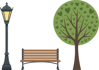 A minimalist illustration of a park scene with three main elements: a vintage-style black metal street lamp with a glowing yellow light bulb