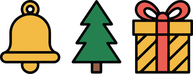 Naklejka premium A simple, flat design illustration of three classic Christmas icons arranged horizontally.