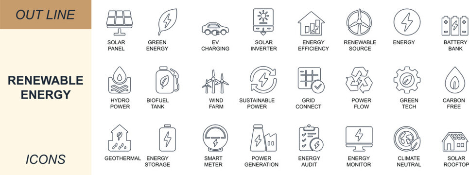 Renewable energy solid vector line icon set featuring solar, wind, hydro, battery, clean grid, EV charging, and eco power symbols. Ideal for UI, infographics, apps, and reports.
