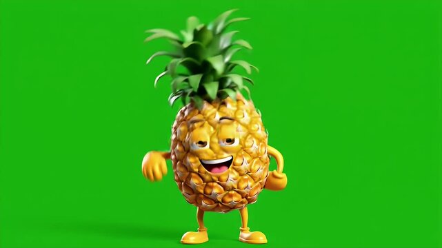 Animated cheerful pineapple character with expressive eyes and a wide smile, engaging in playful gestures and lively movements against a vibrant green background, creating a fun and energetic scene.