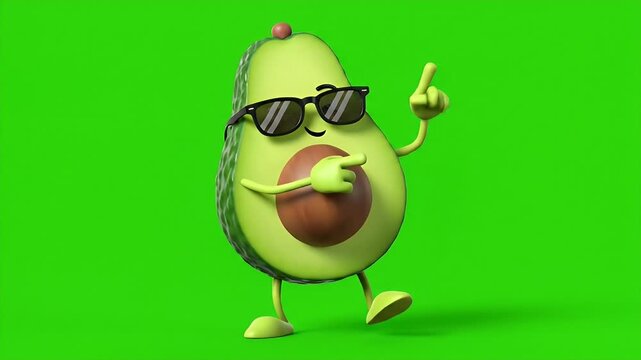 Animated avocado character wearing sunglasses and demonstrating various gestures and expressions against a vibrant green background, showcasing playful personality and lively movement in a fun,.