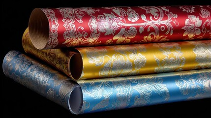 Stacked Rolls of Ornate Textured Wrapping Paper in Red Gold and Blue with Silver Floral Patterns in Studio Lighting