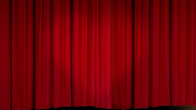 Luxury red curtain animation featuring heart shaped spotlight opening and smooth fabric movement revealing green screen background, ideal for cinematic transitions theater intros stage and presentatio