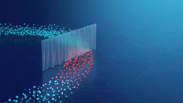 Cybersecurity Firewall Barrier Filtering Threat Particles and Securing Data Flow on Blue Background