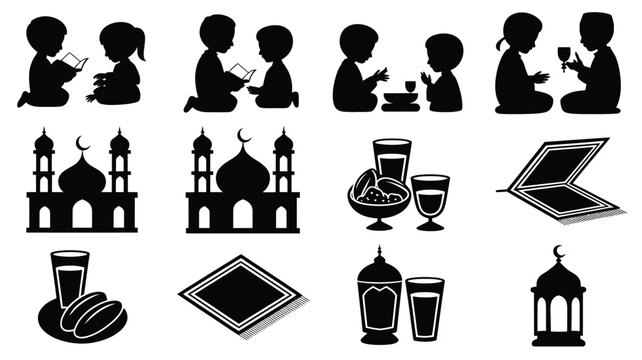 Ramadan kareem silhouette icons set including people praying mosque food lantern and book for holy month of ramadan