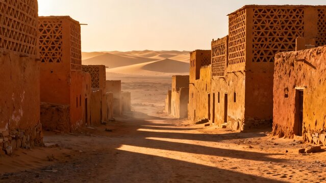 Ruined mud-brick buildings lining a dusty street in an abandoned desert city at sunset